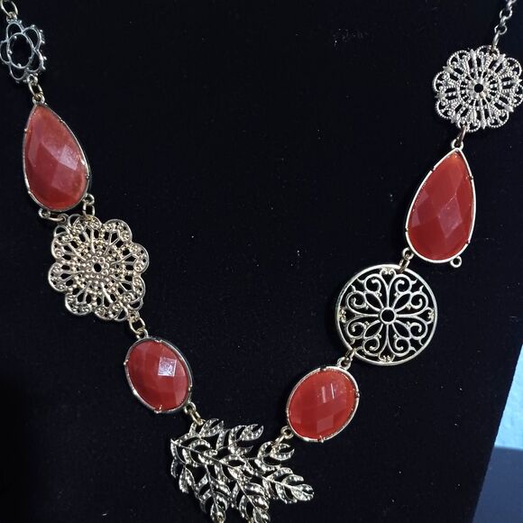 Vintage Bronze-Toned Filigree Necklace w/ Carnelian Glass Stones, 18" - Picture 2 of 4